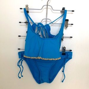 Bikini Lab blue bikini with ruffle top